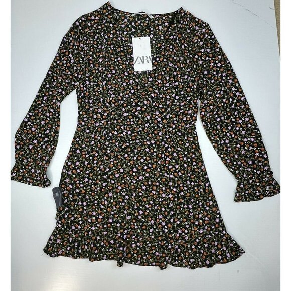 ZARA Floral Printed Peplum Top Sz S Black Red Ruffle Long Sleeves - Picture 1 of 5